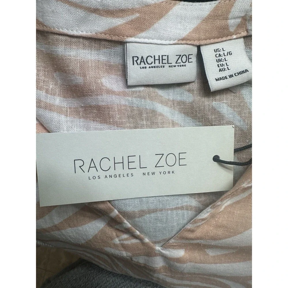Rachel Zoe Women's L Boho Tan and Cream Zebra Print Linen Cover-Up with Tassels